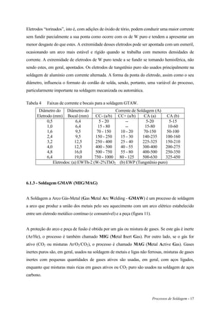Processos de Soldagem - 17
Eletrodos “torinados”, isto é, com adições de óxido de tório, podem conduzir uma maior corrente
sem fundir parcialmente a sua ponta como ocorre com os de W puro e tendem a apresentar um
menor desgaste do que estes. A extremidade desses eletrodos pode ser apontada com um esmeril,
ocasionando um arco mais estável e rígido quando se trabalha com menores densidades de
corrente. A extremidade de eletrodos de W puro tende a se fundir se tornando hemisférica, não
sendo estes, em geral, apontados. Os eletrodos de tungstênio puro são usados principalmente na
soldagem de alumínio com corrente alternada. A forma da ponta do eletrodo, assim como o seu
diâmetro, influencia o formato do cordão de solda, sendo, portanto, uma variável do processo,
particularmente importante na soldagem mecanizada ou automática.
Tabela 4 Faixas de corrente e bocais para a soldagem GTAW.
Diâmetro do Diâmetro do Corrente de Soldagem (A)
Eletrodo (mm) Bocal (mm) CC- (a/b) CC+ (a/b) CA (a) CA (b)
0,5
1,0
1,6
2,4
3,2
4,0
4,8
6,4
6,4
6,4
9,5
9,5
12,5
12,5
16,0
19,0
5 - 20
15 - 80
70 - 150
150 - 250
250 - 400
400 - 500
500 - 750
750 - 1000
--
--
10 - 20
15 - 30
25 - 40
40 - 55
55 - 80
80 - 125
5-20
15-80
70-150
140-235
225-325
300-400
400-500
500-630
5-15
10-60
50-100
100-160
150-210
200-275
250-350
325-450
Eletrodos: (a) EWTh-2 (W-2%ThO2 (b) EWP (Tungstênio puro)
6.1.3 - Soldagem GMAW (MIG/MAG)
A Soldagem a Arco Gás-Metal (Gas Metal Arc Welding - GMAW) é um processo de soldagem
a arco que produz a união dos metais pelo seu aquecimento com um arco elétrico estabelecido
entre um eletrodo metálico contínuo (e consumível) e a peça (figura 11).
A proteção do arco e poça de fusão é obtida por um gás ou mistura de gases. Se este gás é inerte
(Ar/He), o processo é também chamado MIG (Metal Inert Gas). Por outro lado, se o gás for
ativo (CO2 ou misturas Ar/O2/CO2), o processo é chamado MAG (Metal Active Gas). Gases
inertes puros são, em geral, usados na soldagem de metais e ligas não ferrosas, misturas de gases
inertes com pequenas quantidades de gases ativos são usadas, em geral, com aços ligados,
enquanto que misturas mais ricas em gases ativos ou CO2 puro são usados na soldagem de aços
carbono.
 