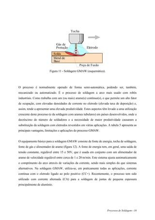 Processos de Soldagem - 18
Poça de Fusão
Solda
Metal de
Base
Tocha
Gás de
Proteção Eletrodo
Figura 11 - Soldagem GMAW (esquemática).
O processo é normalmente operado de forma semi-automática, podendo ser, também,
mecanizado ou automatizado. É o processo de soldagem a arco mais usado com robôs
industriais. Como trabalha com um (ou mais) arame(s) contínuo(s), o que permite um alto fator
de ocupação, com elevadas densidades de corrente no eletrodo (elevada taxa de deposição) e,
assim, tende a apresentar uma elevada produtividade. Estes aspectos têm levado a uma utilização
crescente deste processo (e da soldagem com arames tubulares) em países desenvolvidos, onde o
decréscimo do número de soldadores e a necessidade de maior produtividade causaram a
substituição da soldagem com eletrodos revestidos em várias aplicações. A tabela 5 apresenta as
principais vantagens, limitações e aplicações do processo GMAW.
O equipamento básico para a soldagem GMAW consiste de fonte de energia, tocha de soldagem,
fonte de gás e alimentador de arame (figura 12). A fonte de energia tem, em geral, uma saída de
tensão constante, regulável entre 15 e 50V, que é usada em conjunto com um alimentador de
arame de velocidade regulável entre cerca de 1 e 20 m/min. Este sistema ajusta automaticamente
o comprimento do arco através de variações da corrente, sendo mais simples do que sistemas
alternativos. Na soldagem GMAW, utiliza-se, em praticamente todas as aplicações, corrente
contínua com o eletrodo ligado ao polo positivo (CC+). Recentemente, o processo tem sido
utilizado com corrente alternada (CA) para a soldagem de juntas de pequena espessura
principalmente de alumínio.
 