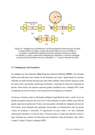 Processos de Soldagem - 37
(a)
Abertura inicial
I
* *
* *
Solda
(b)
(c)
Arco
v1
v2
Figura 24 - Soldagem por centelhamento: (a) Posicionamento inicial das peças, (b) após
a energia elétrica ser ligada, as peças são aproximadas com uma velocidade v1,
ocorrendo o centelhamento quando pontos das superfícies entram em contato
(ver detalhe), (c) após o aquecimento adequado das superfícies, a corrente é desligada
e as peças são pressionadas (com uma velocidade v2 > v1) para a formação da solda.
7.3 - Soldagem por Alta Frequência
Na soldagem por alta frequência (High Frequency Induction Welding, HFIW), são utilizadas
bobinas por onde passa uma corrente de alta frequência que causa o aparecimento de correntes
induzidas na região da junta das peças que estão sendo soldadas. Estas correntes aquecem a junta
por efeito Joule o que facilita a deformação localizada e a formação da solda com a aplicação de
pressão. Desta forma, este processo apresenta grande semelhança com a soldagem RW, sendo
considerado, por diversos autores, como um processo de soldagem por resistência.
O processo é bastante usado na fabricação (soldagem longitudinal) de tubos e perfis de aço de
parede de pequena espessura (de cerca de 0,13 mm) podendo ser usado, também, para tubos de
grande espessura de parede (até 25 mm), com uma grande velocidade de soldagem (até cerca de
300 m/min), sendo adequado para aplicações mecanizadas ou automatizadas onde um grande
volume de produção é necessário. O aquecimento da junta tende a ser bem localizado
minimizando alterações no metal de base. O processo pode ser usado para diferentes metais e
ligas, incluindo aços carbono e de baixa liga, aços inoxidáveis e ligas de alumínio, cobre, titânio
e níquel. A figura 25 ilustra a soldagem HFIW.
 