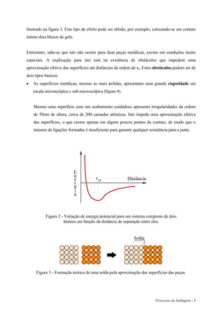 Processos de Soldagem - 5
ilustrado na figura 3. Este tipo de efeito pode ser obtido, por exemplo, colocando-se em contato
íntimo dois blocos de gelo.
Entretanto, sabe-se que isto não ocorre para duas peças metálicas, exceto em condições muito
especiais. A explicação para isto está na existência de obstáculos que impedem uma
aproximação efetiva das superfícies até distâncias da ordem de r0. Estes obstáculos podem ser de
dois tipos básicos:
 As superfícies metálicas, mesmo as mais polidas, apresentam uma grande rugosidade em
escala microscópica e sub-microscópica (figura 4).
Mesmo uma superfície com um acabamento cuidadoso apresenta irregularidades da ordem
de 50nm de altura, cerca de 200 camadas atômicas. Isto impede uma aproximação efetiva
das superfícies, o que ocorre apenas em alguns poucos pontos de contato, de modo que o
número de ligações formadas é insuficiente para garantir qualquer resistência para a junta.
Distância
E
n
e
r
g
i
a
ro
Figura 2 - Variação de energia potencial para um sistema composto de dois
átomos em função da distância de separação entre eles.
Solda
Figura 3 - Formação teórica de uma solda pela aproximação das superfícies das peças.
 
