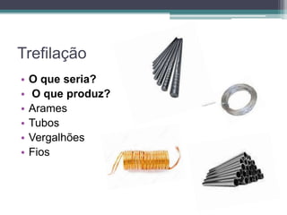 Trefilação
• O que seria?
• O que produz?
• Arames
• Tubos
• Vergalhões
• Fios
 