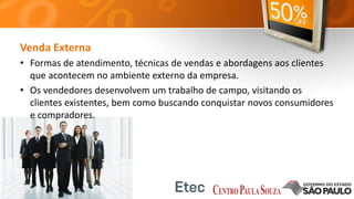 Venda Externa
• Formas de atendimento, técnicas de vendas e abordagens aos clientes
que acontecem no ambiente externo da empresa.
• Os vendedores desenvolvem um trabalho de campo, visitando os
clientes existentes, bem como buscando conquistar novos consumidores
e compradores.
 