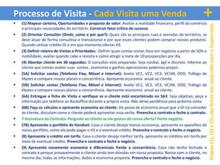 Processo de Visita - Cada Visita uma Venda
   (1) Mapear carteira, Oportunidades e proposta de valor: Avaliar a realidade financeira, perfil do comércio
                                                                                                                +




                                                                                                                     Etapas (1), (2) e (3) são feitas em conjunto com o Supervisor.
    e principais necessidades do território. Construir fator crítico de sucesso.
   (2) Orientar Consultor (Onde, como e por que?): Quais são as principais ruas e avenidas do território, se
    deve atuar de forma consultiva e transacional e por que esses clientes podem comprar nossos produtos.
    Quando utilizar crédito Oi e em que momento ofertas HS.
   (3) Definir roteiro de Visitas e Prioridades: Definir quais contas visitar, foco em negócios a partir de 50% e
    mobilidade, avaliar quando cabe a revisita e como atingir a meta de 10 prospecções por dia.
   (4) Abordar cliente em 30 segundos: O consultor está preparado. Seja cordial, ágil e discreto. Informe ao
    cliente que iremos avaliar suas contas , economia e ganhos operacionais podemos propor.
   (5A) Solicitar contas (Telefonia Fixa, Móvel e Internet): Avalie VC1, VC2, VC3, VC1M, DDD, Tráfego de
    Kbytes e compare nossos planos e concorrência. Apresente economia anual ao cliente.
   (5B) Solicitar contas (Telefonia Fixa, Móvel e Internet): Avalie VC1, VC2, VC3, VC1M, DDD, Tráfego de
    Kbytes e compare nossos planos e concorrência. Apresente economia anual ao cliente.
   (6A) Entregue a ficha de Visita e verifique se o cliente está encarteirado no SA3: Seja objetivo, peça a
    informação por telefone ao Backoffice durante a própria visita. Não deixe pendência para próxima visita.
   (6B) Faça os cálculos e apresente economia ao cliente: De posse da economia anual que a Oi irá conceder
    ao cliente, discutam como o cliente poderá aproveitar essa verba. Preencha o contrato e feche o contrato.
   7 Assinatura do Contrato: Pergunte ao cliente se ele gostou de nossa oferta? Feche negócio.
   (7B) Apresente o portfólio de Handset: Caso o cliente deseje menos economia, apresente os aparelhos de
    nosso portfólio, como ele pode pagar o HS e o eventual crédito. Preencha o contrato e feche o negócio.
   (8) Apresente o crédito em tarifa: Caso o cliente deseje melhor tarifa, apresente os créditos em tarifa por
    meio de eventual crédito. Preencha o contrato e feche o negócio.
   (9) Apresente novamente economia e diferenciais frente a concorrência: Caso não tenha fechado o
    contrato é porque provavelmente o cliente ainda tem dúvidas em nossa proposta. Revise com o cliente, no
    mesmo dia, todas as informações, dados e economia proposta. Preencha o contrato e feche o negócio.
 