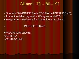 Gli anni ’70 – ’80 – ‘90
• Fine anni ’70 (BRUNER e la TEORIA dell’ISTRUZIONE);
• il bambino della “ragione” e i Programmi dell’85;
• insegnante = mediatore fra il bambino e la cultura.
•

PAROLE CHIAVE:

•PROGRAMMAZIONE
•VERIFICA
•VALUTAZIONE

 