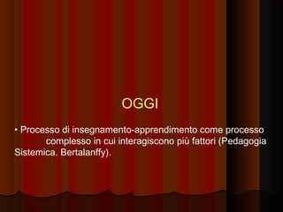OGGI
• Processo di insegnamento-apprendimento come processo
complesso in cui interagiscono più fattori (Pedagogia
Sistemica. Bertalanffy).

 