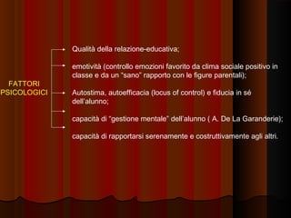 Qualità della relazione-educativa;

FATTORI
PSICOLOGICI

emotività (controllo emozioni favorito da clima sociale positivo in
classe e da un “sano” rapporto con le figure parentali);
Autostima, autoefficacia (locus of control) e fiducia in sé
dell’alunno;
capacità di “gestione mentale” dell’alunno ( A. De La Garanderie);
capacità di rapportarsi serenamente e costruttivamente agli altri.

 