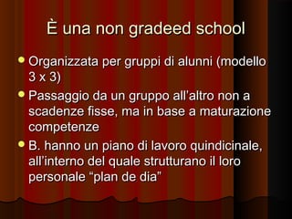 È una non gradeed school
 Organizzata per gruppi di alunni (modello

3 x 3)
 Passaggio da un gruppo all’altro non a
scadenze fisse, ma in base a maturazione
competenze
 B. hanno un piano di lavoro quindicinale,
all’interno del quale strutturano il loro
personale “plan de dia”

 