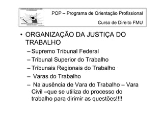 POP – Programa de Orientação Profissional
Curso de Direito FMU
• ORGANIZAÇÃO DA JUSTIÇA DO
TRABALHO
– Supremo Tribunal Federal
– Tribunal Superior do Trabalho
– Tribunais Regionais do Trabalho
– Varas do Trabalho
– Na ausência de Vara do Trabalho – Vara
Civil –que se utiliza do processo do
trabalho para dirimir as questões!!!!
 