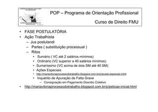 POP – Programa de Orientação Profissional
Curso de Direito FMU
• FASE POSTULATÓRIA
• Ação Trabalhista
– Jus postulandi
– Partes ( substituição processual )
– Ritos
• Sumário ( VC até 2 salários mínimos)
• Ordinário (VC superior a 40 salários mínimos)
• Sumaríssimo (VC acima de dois SM até 40 SM)
• Ações Especiais
• http://mariavitoriaprocessodotrabalho.blogspot.com.br/p/acoes-especiais.html
• Inquérito de Apuração de Falta Grave
– Consignação em Pagamento Dissídio Coletivo
• http://mariavitoriaprocessodotrabalho.blogspot.com.br/p/peticao-inicial.html
 