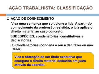 AÇÃO TRABALHISTA: CLASSIFICAÇÃO
 AÇÃO DE CONHECIMENTO
Visa uma sentença que solucione a lide. A partir do
conhecimento da pretensão resistida, o juiz aplica o
direito material ao caso concreto.
SUBESPÉCIES: condenatórias, constitutivas e
declaratórias
a) Condenatórias (condena o réu a dar, fazer ou não
fazer)
Visa a obtenção de um título executivo que
assegure o direito material deduzido em juízo
através da exordial.
 