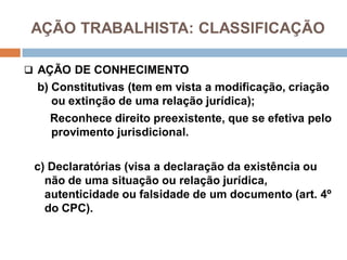 AÇÃO TRABALHISTA: CLASSIFICAÇÃO
 AÇÃO DE CONHECIMENTO
b) Constitutivas (tem em vista a modificação, criação
ou extinção de uma relação jurídica);
Reconhece direito preexistente, que se efetiva pelo
provimento jurisdicional.
c) Declaratórias (visa a declaração da existência ou
não de uma situação ou relação jurídica,
autenticidade ou falsidade de um documento (art. 4º
do CPC).
 