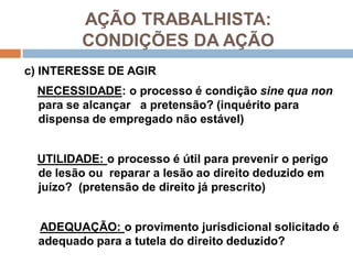AÇÃO TRABALHISTA:
CONDIÇÕES DA AÇÃO
c) INTERESSE DE AGIR
NECESSIDADE: o processo é condição sine qua non
para se alcançar a pretensão? (inquérito para
dispensa de empregado não estável)
UTILIDADE: o processo é útil para prevenir o perigo
de lesão ou reparar a lesão ao direito deduzido em
juízo? (pretensão de direito já prescrito)
ADEQUAÇÃO: o provimento jurisdicional solicitado é
adequado para a tutela do direito deduzido?
 