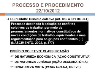 PROCESSO E PROCEDIMENTO
22/10/2012
 ESPECIAIS: Dissídio coletivo (art. 856 a 871 da CLT)
DISSÍDIO COLETIVO: CLASSIFICAÇÃO
 DE NATUREZA ECONÔMICA (AÇÃO CONSTITUTIVA)
 DE NATUREZA JURÍDICA (AÇÃO DECLARATÓRIA)
 DINATUREZA MISTA (VERBI GRATIA, GREVE)
Processo destinado à solução de conflitos
coletivos de trabalho, por meio de
pronunciamentos normativos constitutivos de
novas condições de trabalho, equivalentes a uma
regulamentação para os grupos conflitantes (...)
(NASCIMENTO, 2002, p. 377)
 