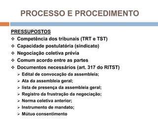 PROCESSO E PROCEDIMENTO
PRESSUPOSTOS
 Competência dos tribunais (TRT e TST)
 Capacidade postulatória (sindicato)
 Negociação coletiva prévia
 Comum acordo entre as partes
 Documentos necessários (art. 317 do RITST)
 Edital de convocação da assembleia;
 Ata da assembleia geral;
 lista de presença da assembleia geral;
 Registro da frustração da negociação;
 Norma coletiva anterior;
 Instrumento de mandato;
 Mútuo consentimento
 