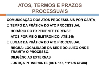 ATOS, TERMOS E PRAZOS
PROCESSUAIS
COMUNICAÇÃO DOS ATOS PROCESSUAIS POR CARTA
 TEMPO DA PRÁTICA DO ATO PROCESSUAL
HORÁRIO DO EXPEDIENTE FORENSE
ATOS POR MEIO ELETRÔNICO, ATÉ 24h
 LUGAR DA PRÁTICA DO ATO PROCESSUAL
REGRA: LOCALIDADE DA SEDE DO JUÍZO ONDE
TRAMITA O PROCESSO.
DILIGÊNCIAS EXTERNAS
JUSTIÇA INTINERANTE (ART. 115, º 1º DA CF/88)
 