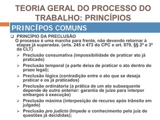 TEORIA GERAL DO PROCESSO DO
TRABALHO: PRINCÍPIOS
 PRINCÍPIO DA PRECLUSÃO
O processo é uma marcha para frente, não devendo retornar à
etapas já superadas. (arts. 245 e 473 do CPC e art. 879, §§ 2º e 3º
da CLT)
 Preclusão consumativa (impossibilidade de praticar ato já
praticado)
 Preclusão temporal (a parte deixa de praticar o ato dentro do
prazo legal);
 Preclusão lógica (contradição entre o ato que se deseja
praticar e os já praticados)
 Preclusão ordinátoria (a prática de um ato subsequente
depende de outro anterior: garantia de juízo para interpor
embargos à execução)
 Preclusão máxima (interposição de recurso após trânsito em
julgado)
 Preclusão pro judicto (Impede o conhecimento pelo juiz de
questões já decididas);
PRINCÍPOS COMUNS
 