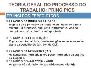 TEORIA GERAL DO PROCESSO DO
TRABALHO: PRINCÍPIOS
 PRINCÍPIO DA INDISPONIBILIDADE
Inspira-se no princípio da irrenunciabilidade do direito
material. O processo, enquanto instrumento, visa ao
cumprimento dos direitos indisponíveis.
 PRINCÍPIO DA CONCILIAÇÃO
O processo trabalhista, desde sua gênese, nasceu sob o
signo da conciliação (art. 764 da CLT)
 PRINCÍPIO DA NORMATIZAÇÃO
As sentenças normativas e o poder normativo da Justiça
do Trabalho.
 PRINCÍPIO DO JUS POSTULANDI
As partes são dotadas de capacidade postulatória
PRINCÍPOS ESPECÍFICOS
 