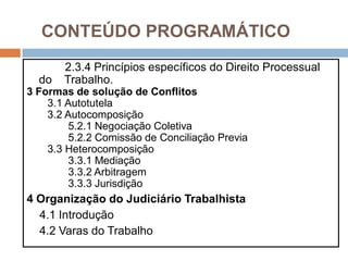 CONTEÚDO PROGRAMÁTICO
2.3.4 Princípios específicos do Direito Processual
do Trabalho.
3 Formas de solução de Conflitos
3.1 Autotutela
3.2 Autocomposição
5.2.1 Negociação Coletiva
5.2.2 Comissão de Conciliação Previa
3.3 Heterocomposição
3.3.1 Mediação
3.3.2 Arbitragem
3.3.3 Jurisdição
4 Organização do Judiciário Trabalhista
4.1 Introdução
4.2 Varas do Trabalho
 