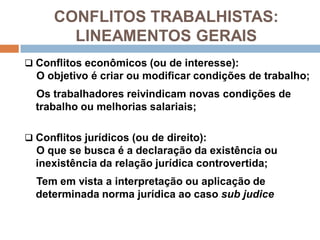 CONFLITOS TRABALHISTAS:
LINEAMENTOS GERAIS
 Conflitos econômicos (ou de interesse):
O objetivo é criar ou modificar condições de trabalho;
Os trabalhadores reivindicam novas condições de
trabalho ou melhorias salariais;
 Conflitos jurídicos (ou de direito):
O que se busca é a declaração da existência ou
inexistência da relação jurídica controvertida;
Tem em vista a interpretação ou aplicação de
determinada norma jurídica ao caso sub judice
 