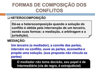FORMAS DE COMPOSIÇÃO DOS
CONFLITOS
 HETEROCOMPOSIÇÃO
MEDIAÇÃO:
Um terceiro (o mediador), a convite das partes,
intervém no conflito, ouve as partes, aconselha e
propõe uma solução. (sua proposta não vincula as
partes)
Dá-se a heterocomposição quando a solução do
conflito é obtida pela intervenção de um terceiro,
sendo suas formas: a mediação, a arbitragem e a
jurisdição).
O mediador não toma decisão, seu papel é de
intermediário (via de regra, é extrajudicial)
 