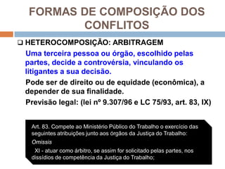 FORMAS DE COMPOSIÇÃO DOS
CONFLITOS
 HETEROCOMPOSIÇÃO: ARBITRAGEM
Uma terceira pessoa ou órgão, escolhido pelas
partes, decide a controvérsia, vinculando os
litigantes a sua decisão.
Pode ser de direito ou de equidade (econômica), a
depender de sua finalidade.
Previsão legal: (lei nº 9.307/96 e LC 75/93, art. 83, IX)
Art. 83. Compete ao Ministério Público do Trabalho o exercício das
seguintes atribuições junto aos órgãos da Justiça do Trabalho:
Omissis
XI - atuar como árbitro, se assim for solicitado pelas partes, nos
dissídios de competência da Justiça do Trabalho;
 