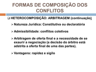 FORMAS DE COMPOSIÇÃO DOS
CONFLITOS
 HETEROCOMPOSIÇÃO: ARBITRAGEM (continuação)
 Natureza Jurídica: Constitutiva ou declaratória
 Admissibilidade: conflitos coletivos
 Arbitragem de oferta final e a necessidade de se
exaurir a negociação (a decisão do árbitro está
adstrita a oferta final de uma das partes).
 Vantagens: rapidez e sigilo
 