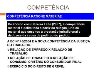 COMPETÊNCIA
A EC Nº 45/2004 E A NOVA COMPETÊNCIA DA JUSTIÇA
DO TRABALHO.
RELAÇÃO DE EMPREGO X RELAÇÃO DE
TRABALHO;
RELAÇÃO DE TRABALHO X RELAÇÃO DE
CONSUMO: CRITÉRIO DO CONSUMIDOR FINAL;
EXERCÍCIO DO DIREITO DE GREVE;
COMPETÊNCIA RATIONE MATERIAE
De acordo com Bezerra Leite (2007), a competência
material é delimitada a partir da relação jurídica
material que suscitou a prestação jurisdicional e
deduz-se da causa de pedir ou do pedido.
 