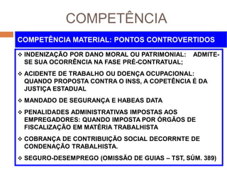 COMPETÊNCIA
 INDENIZAÇÃO POR DANO MORAL OU PATRIMONIAL: ADMITE-
SE SUA OCORRÊNCIA NA FASE PRÉ-CONTRATUAL;
 ACIDENTE DE TRABALHO OU DOENÇA OCUPACIONAL:
QUANDO PROPOSTA CONTRA O INSS, A COPETÊNCIA É DA
JUSTIÇA ESTADUAL
 MANDADO DE SEGURANÇA E HABEAS DATA
 PENALIDADES ADMINISTRATIVAS IMPOSTAS AOS
EMPREGADORES: QUANDO IMPOSTA POR ÓRGÃOS DE
FISCALIZAÇÃO EM MATÉRIA TRABALHISTA
 COBRANÇA DE CONTRIBUIÇÃO SOCIAL DECORRNTE DE
CONDENAÇÃO TRABALHISTA.
 SEGURO-DESEMPREGO (OMISSÃO DE GUIAS – TST, SÚM. 389)
COMPETÊNCIA MATERIAL: PONTOS CONTROVERTIDOS
 