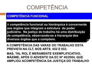COMPETÊNCIA
A COMPETÊNCIA DAS VARAS DO TRABALHO ESTÁ
PREVISTA NA CLT, NOS ARTS. 652 E 653.
MAS, TAL ROL É MERAMENTE EXEMPLIFICATIVO,
MÁXIME, APÓS O ADVENTO DA EC Nº 45/2004, QUE
AMPLIOU ACOMPETÊNCIA DA JUSTIÇA DO TRABALHO
COMPETÊNCIA FUNCIONAL
A competência funcional ou hierárquica é concernente
aos órgãos que integram a estrutura do poder
judiciário. Na justiça do trabalho há uma distribuição
de competência, observando-se a hierarquia dos
diversos órgãos que a compõem.
 