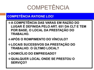 COMPETÊNCIA
A COMPETÊNCIA DAS VARAS EM RAZÃO DO
LUGAR É DEFINIDA PELO ART. 651 DA CLT E TEM
POR BASE, O LOCAL DA PRESTAÇÃO DO
TRABALHO.
APÓS O ROMPIMENTO DO VÍNCULO?
LOCAIS SUCESSIVOS DA PRESTAÇÃO DO
TRABALHO: O ÚLTIMO LOCAL?
DOMICÍLIO DO EMPREGADO?
QUALQUER LOCAL ONDE SE PRESTOU O
SERVIÇO?
COMPETÊNCIA RATIONE LOCI
 