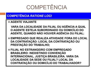 COMPETÊNCIA
 AGENTE VIAJANTE
VARA DA LOCALIDADE DA FILIAL OU AGÊNCIA A QUAL
O AGENTE ESTEJA SUBORDINADO OU DOMICÍLIO DO
AGENTE, QUANDO NÃO HOUVER AGÊNCIA OU FILIAL;
 EMPREGADO QUE REALIZA ATIVIDADE FORA DO LOCAL
DA CONTRATAÇÃO: LOCAL DA CONTRATAÇÃO OU
PRESTAÇÃO DO TRABALHO;
 FILIAL NO ESTRANGEIRO COM EMPREGADO
BRASILEIRO: INEXISTINDO CONVENÇÃO
INTERNACIONAL, JUSTIÇA BRASILEIRA. VARA DA
LOCALIDADE DA SEDE OU FILIAL? LOCAL DA
CONTRATAÇÃO OU DOMICÍLIO DO TRABALHADOR?
COMPETÊNCIA RATIONE LOCI
 