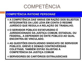 COMPETÊNCIA
 A COMPETÊNCIA DAS VARAS EM RAZÃO DOS SUJEITOS
INTEGRANTES DA LIDE LEVA EM CONTA O REGIME
JURÍDICO QUE REGULA A RELAÇÃO DE TRABALHO.
 O SERVIDOR PÚBLICO ESTATURÁRIO É
JURISDICIONADO DA JUSTIÇA COMUM, ESTADUAL OU
FEDERAL, A DEPENDER DO ENTE PÚBLICO AO QUAL
ENCONTRA-SE VINCULADO.
 AS QUESTÕES ENVOLVENDO SINDICATO DE SERVIDOR
PÚBLICO, GREVE E DEMAIS CONTROVÉRSIAS
COLETIVAS, TAMBÉM ESTÃO SUJEITAS À
COMPETÊNCIA DA JUSTIÇA COMUM
 SERVIDORES DE CARTÓRIOS EXTRAJUDICIAIS
COMPETÊNCIA RATIONE PERSONAE
 