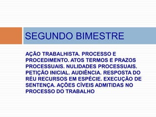 AÇÃO TRABALHISTA. PROCESSO E
PROCEDIMENTO. ATOS TERMOS E PRAZOS
PROCESSUAIS. NULIDADES PROCESSUAIS.
PETIÇÃO INICIAL. AUDIÊNCIA. RESPOSTA DO
RÉU RECURSOS EM ESPÉCIE. EXECUÇÃO DE
SENTENÇA. AÇÕES CÍVEIS ADMITIDAS NO
PROCESSO DO TRABALHO
SEGUNDO BIMESTRE
 