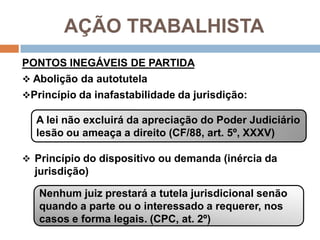 AÇÃO TRABALHISTA
PONTOS INEGÁVEIS DE PARTIDA
 Abolição da autotutela
Princípio da inafastabilidade da jurisdição:
 Princípio do dispositivo ou demanda (inércia da
jurisdição)
A lei não excluirá da apreciação do Poder Judiciário
lesão ou ameaça a direito (CF/88, art. 5º, XXXV)
Nenhum juiz prestará a tutela jurisdicional senão
quando a parte ou o interessado a requerer, nos
casos e forma legais. (CPC, at. 2º)
 