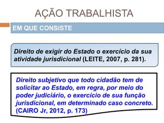 AÇÃO TRABALHISTA
EM QUE CONSISTE
Direito de exigir do Estado o exercício da sua
atividade jurisdicional (LEITE, 2007, p. 281).
Direito subjetivo que todo cidadão tem de
solicitar ao Estado, em regra, por meio do
poder judiciário, o exercício de sua função
jurisdicional, em determinado caso concreto.
(CAIRO Jr, 2012, p. 173)
 