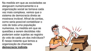 Na medida em que as sociedades se
alargavam numericamente e a
organização social se tornava cada
vez mais complexa, vemos que o
sistema de democracia direta se
mostrava inviável. Afinal de contas,
como seria possível contabilizar o
voto de toda uma população
numerosa, na medida em que as
questões a serem decididas não
poderiam estar sujeitas ao registro
do voto de cada um dos indivíduos?
É nesse instante que temos a
organização da chamada
democracia indireta.
 
