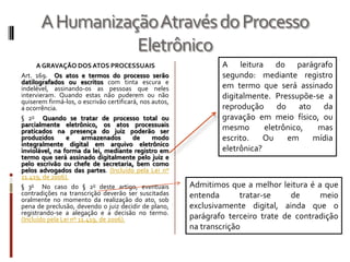A Humanização Através do Processo EletrônicoA leitura do parágrafo segundo: mediante registro em termo que será assinado digitalmente. Pressupõe-se a reprodução do ato da gravação em meio físico, ou mesmo eletrônico, mas escrito. Ou em mídia eletrônica? A GRAVAÇÃO DOS ATOS PROCESSUAISArt. 169.  Os atos e termos do processo serão datilografados ou escritos com tinta escura e indelével, assinando-os as pessoas que neles intervieram. Quando estas não puderem ou não quiserem firmá-los, o escrivão certificará, nos autos, a ocorrência.§ 2o  Quando se tratar de processo total ou parcialmente eletrônico, os atos processuais praticados na presença do juiz poderão ser produzidos e armazenados de modo integralmente digital em arquivo eletrônico inviolável, na forma da lei, mediante registro em termo que será assinado digitalmente pelo juiz e pelo escrivão ou chefe de secretaria, bem como pelos advogados das partes. (Incluído pela Lei nº 11.419, de 2006).§ 3o  No caso do § 2o deste artigo, eventuais contradições na transcrição deverão ser suscitadas oralmente no momento da realização do ato, sob pena de preclusão, devendo o juiz decidir de plano, registrando-se a alegação e a decisão no termo. (Incluído pela Lei nº 11.419, de 2006).Admitimos que a melhor leitura é a que entenda tratar-se de meio exclusivamente digital, ainda que o parágrafo terceiro trate de contradição na transcrição