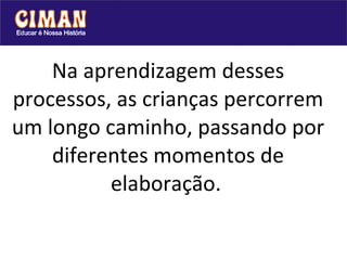 Na aprendizagem desses processos, as crianças percorrem um longo caminho, passando por diferentes momentos de elaboração.   