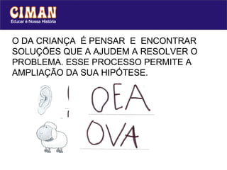 O DA CRIANÇA  É PENSAR  E  ENCONTRAR SOLUÇÕES QUE A AJUDEM A RESOLVER O PROBLEMA. ESSE PROCESSO PERMITE A  AMPLIAÇÃO DA SUA HIPÓTESE. 