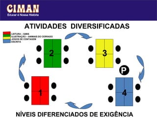 ATIVIDADES  DIVERSIFICADAS NÍVEIS DIFERENCIADOS DE EXIGÊNCIA 1 2 3 4 P LEITURA – GIBIS ILUSTRAÇÃO – ANIMAIS DO CERRADO JOGOS DE CONTAGEM ESCRITA  