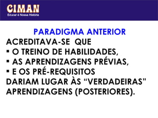 PARADIGMA ANTERIOR ACREDITAVA-SE  QUE  O TREINO DE HABILIDADES, AS APRENDIZAGENS PRÉVIAS,  E OS PRÉ-REQUISITOS  DARIAM LUGAR ÀS “VERDADEIRAS” APRENDIZAGENS (POSTERIORES). 