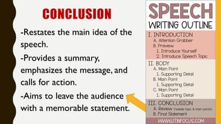 CONCLUSION
-Restates the main idea of the
speech.
-Provides a summary,
emphasizes the message, and
calls for action.
-Aims to leave the audience
with a memorable statement.
 