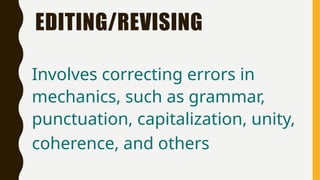 EDITING/REVISING
Involves correcting errors in
mechanics, such as grammar,
punctuation, capitalization, unity,
coherence, and others
 
