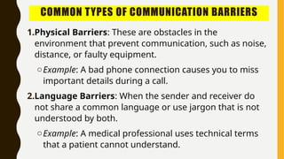 COMMON TYPES OF COMMUNICATION BARRIERS
1.Physical Barriers: These are obstacles in the
environment that prevent communication, such as noise,
distance, or faulty equipment.
oExample: A bad phone connection causes you to miss
important details during a call.
2.Language Barriers: When the sender and receiver do
not share a common language or use jargon that is not
understood by both.
oExample: A medical professional uses technical terms
that a patient cannot understand.
 