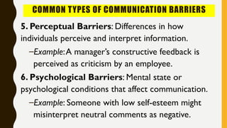 COMMON TYPES OF COMMUNICATION BARRIERS
5. Perceptual Barriers: Differences in how
individuals perceive and interpret information.
–Example:A manager’s constructive feedback is
perceived as criticism by an employee.
6. Psychological Barriers: Mental state or
psychological conditions that affect communication.
–Example: Someone with low self-esteem might
misinterpret neutral comments as negative.
 