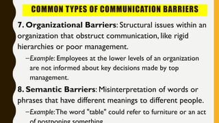 COMMON TYPES OF COMMUNICATION BARRIERS
7. Organizational Barriers: Structural issues within an
organization that obstruct communication, like rigid
hierarchies or poor management.
–Example: Employees at the lower levels of an organization
are not informed about key decisions made by top
management.
8. Semantic Barriers: Misinterpretation of words or
phrases that have different meanings to different people.
–Example:The word "table" could refer to furniture or an act
 