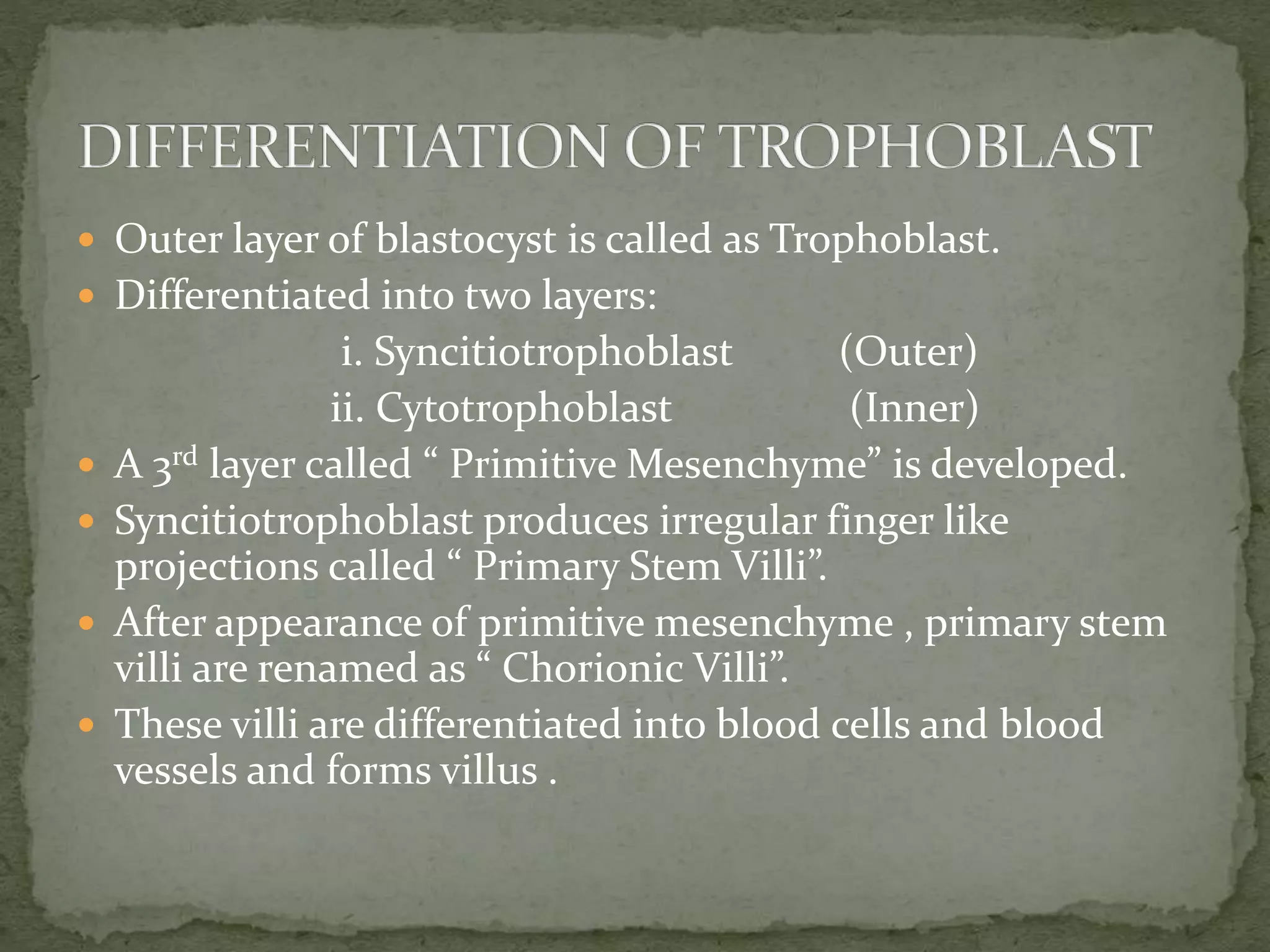  Outer layer of blastocyst is called as Trophoblast.
 Differentiated into two layers:
i. Syncitiotrophoblast (Outer)
ii. Cytotrophoblast (Inner)
 A 3rd layer called “ Primitive Mesenchyme” is developed.
 Syncitiotrophoblast produces irregular finger like
projections called “ Primary Stem Villi”.
 After appearance of primitive mesenchyme , primary stem
villi are renamed as “ Chorionic Villi”.
 These villi are differentiated into blood cells and blood
vessels and forms villus .
 