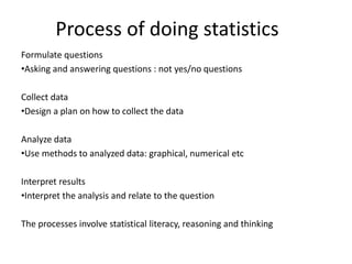 Process of doing statistics
Formulate questions
•Asking and answering questions : not yes/no questions
Collect data
•Design a plan on how to collect the data
Analyze data
•Use methods to analyzed data: graphical, numerical etc
Interpret results
•Interpret the analysis and relate to the question
The processes involve statistical literacy, reasoning and thinking
 