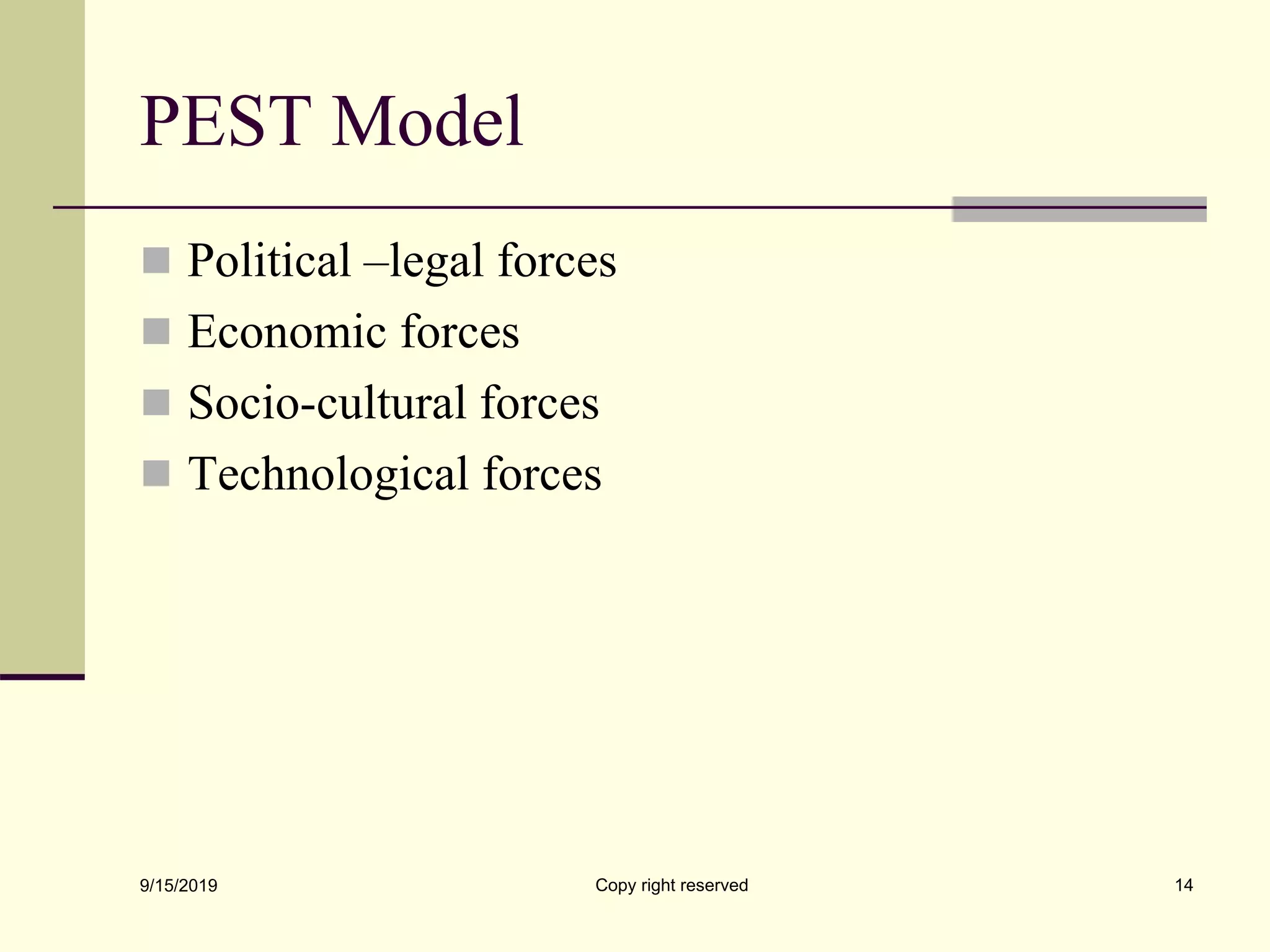 PEST Model
 Political –legal forces
 Economic forces
 Socio-cultural forces
 Technological forces
9/15/2019 Copy right reserved 14
 