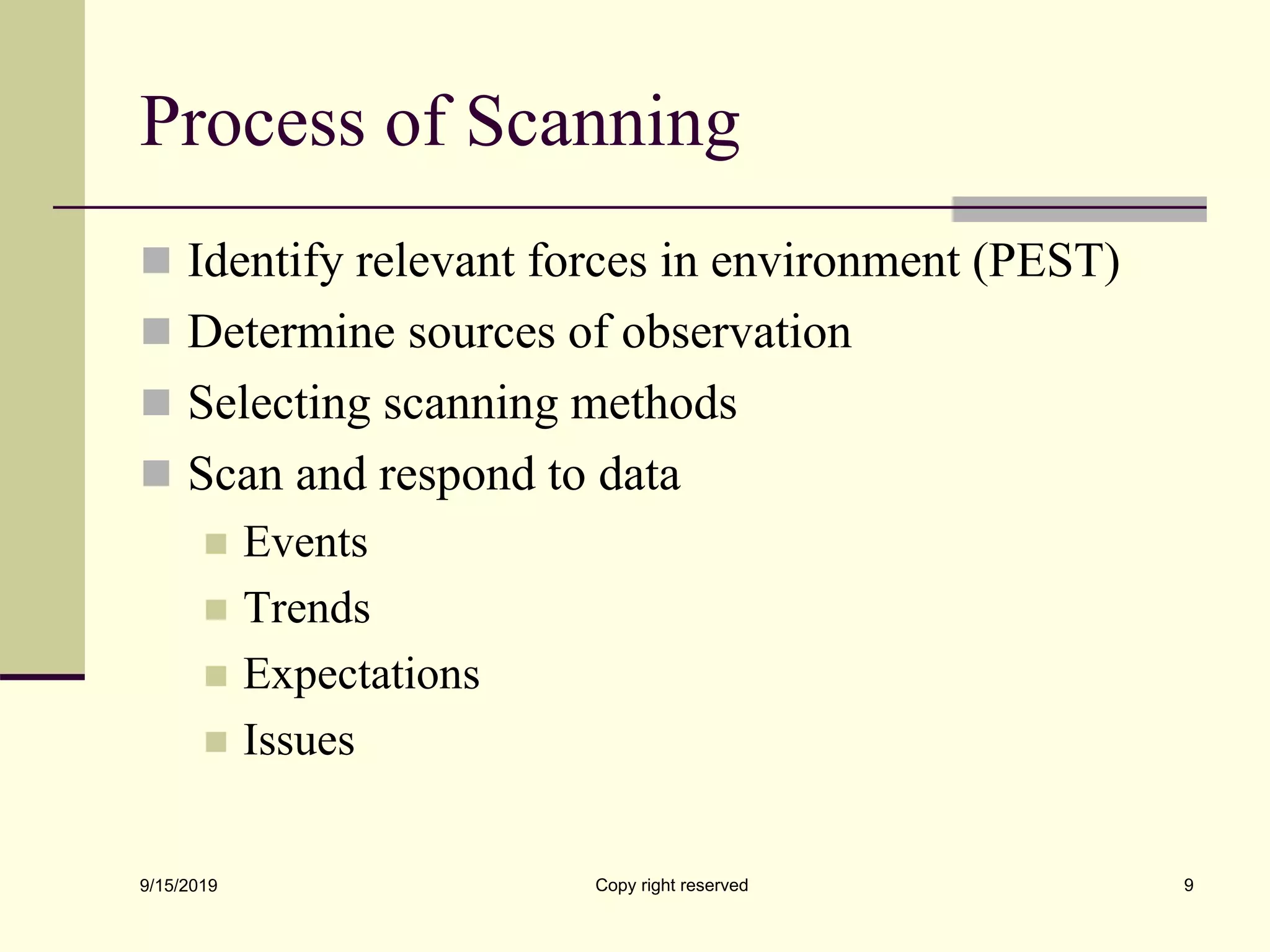 Process of Scanning
 Identify relevant forces in environment (PEST)
 Determine sources of observation
 Selecting scanning methods
 Scan and respond to data
 Events
 Trends
 Expectations
 Issues
9/15/2019 Copy right reserved 9
 